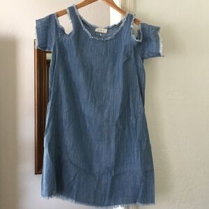 Elan Pocket Light Blue Cold-Shoulder Denim Women Frayed Dress Size Small